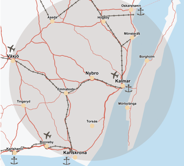 En karta över Nybro kommuns placering i regionen.